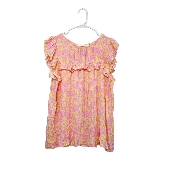 Adora Pink Yellow Ruffle Sleeveless Floral Top Blouse Size Medium Keyhole Back - Picture 1 of 6